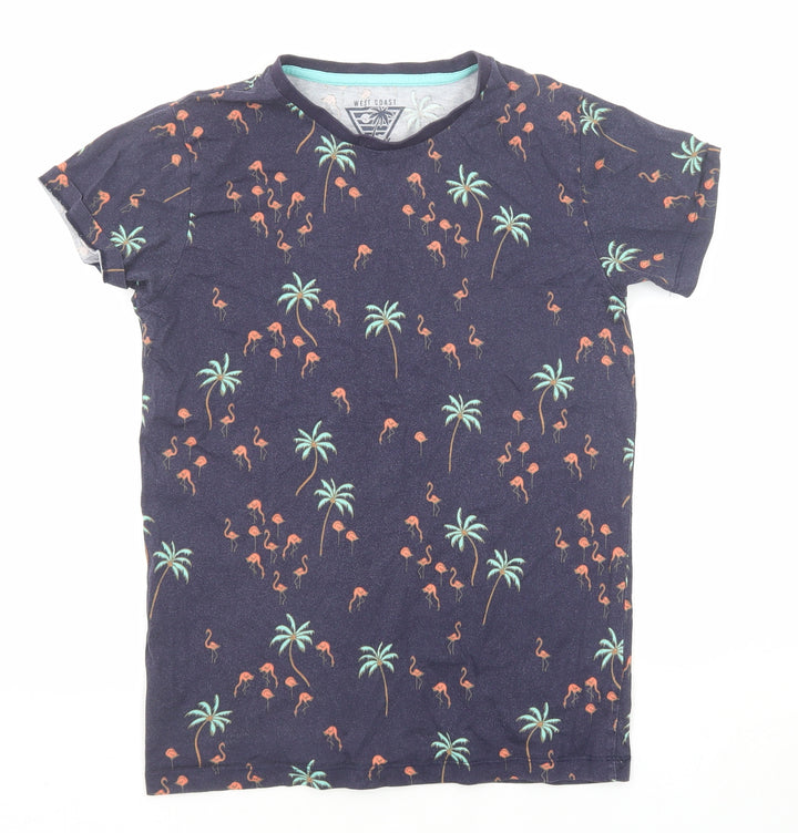 West Coast Boys Blue Geometric Cotton Basic T-Shirt Size 13 Years Round Neck Pullover - Palm Tree