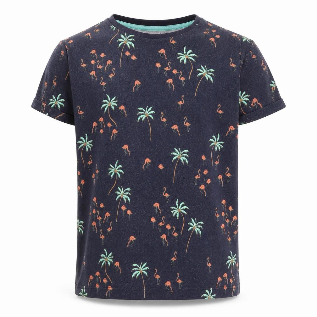 Front view of West Coast boys’ blue geometric cotton basic t-shirt, size 13, years round neck pullover - palm tree