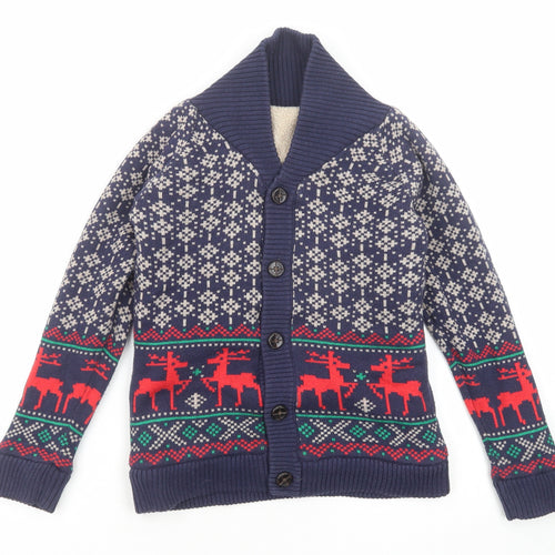 Marks and Spencer Boys Blue High Neck Fair Isle Cotton Cardigan Jumper Size 7-8 Years Button - Reindeer Christmas