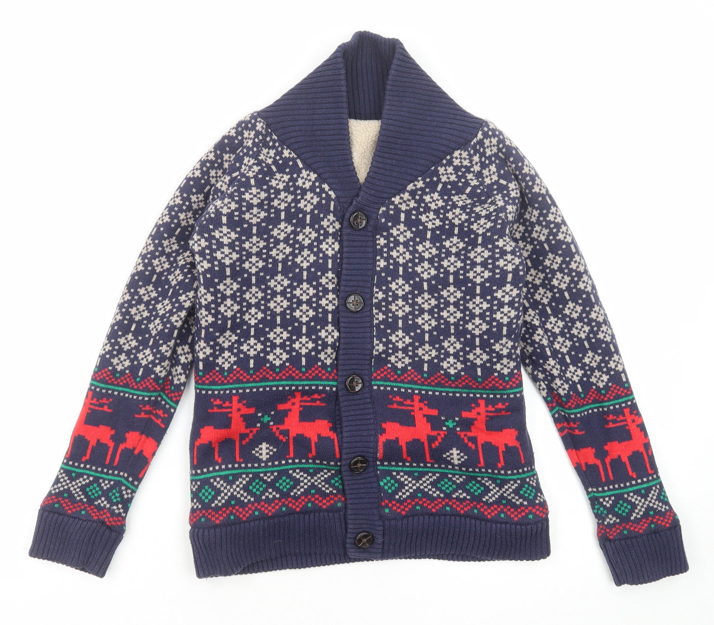 Marks and Spencer Boys Blue High Neck Fair Isle Cotton Cardigan Jumper Size 7-8 Years Button - Reindeer Christmas