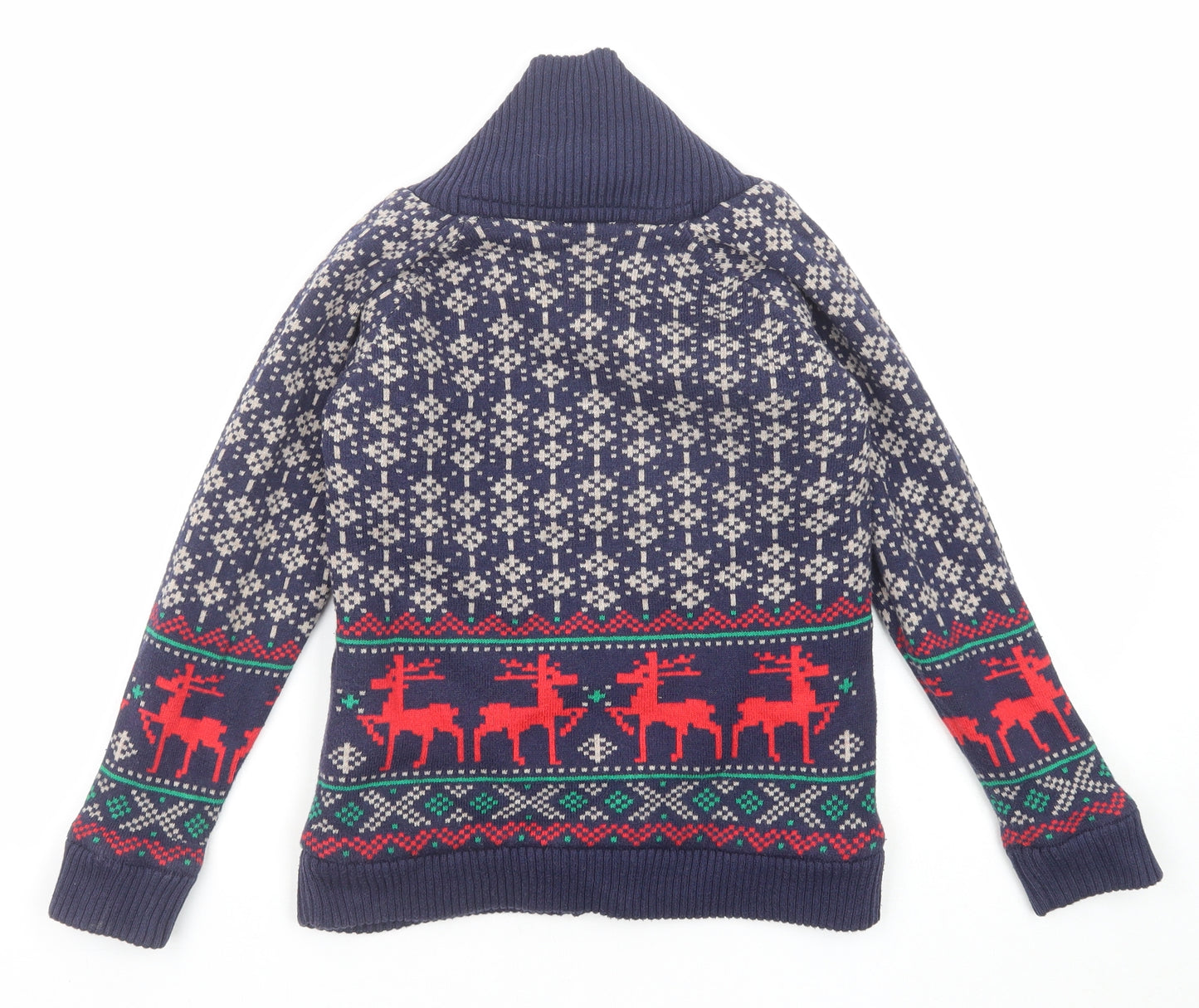 Marks and Spencer Boys Blue High Neck Fair Isle Cotton Cardigan Jumper Size 7-8 Years Button - Reindeer Christmas