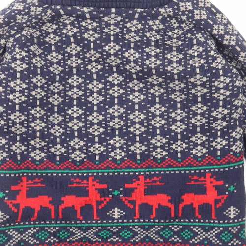 Marks and Spencer Boys Blue High Neck Fair Isle Cotton Cardigan Jumper Size 7-8 Years Button - Reindeer Christmas
