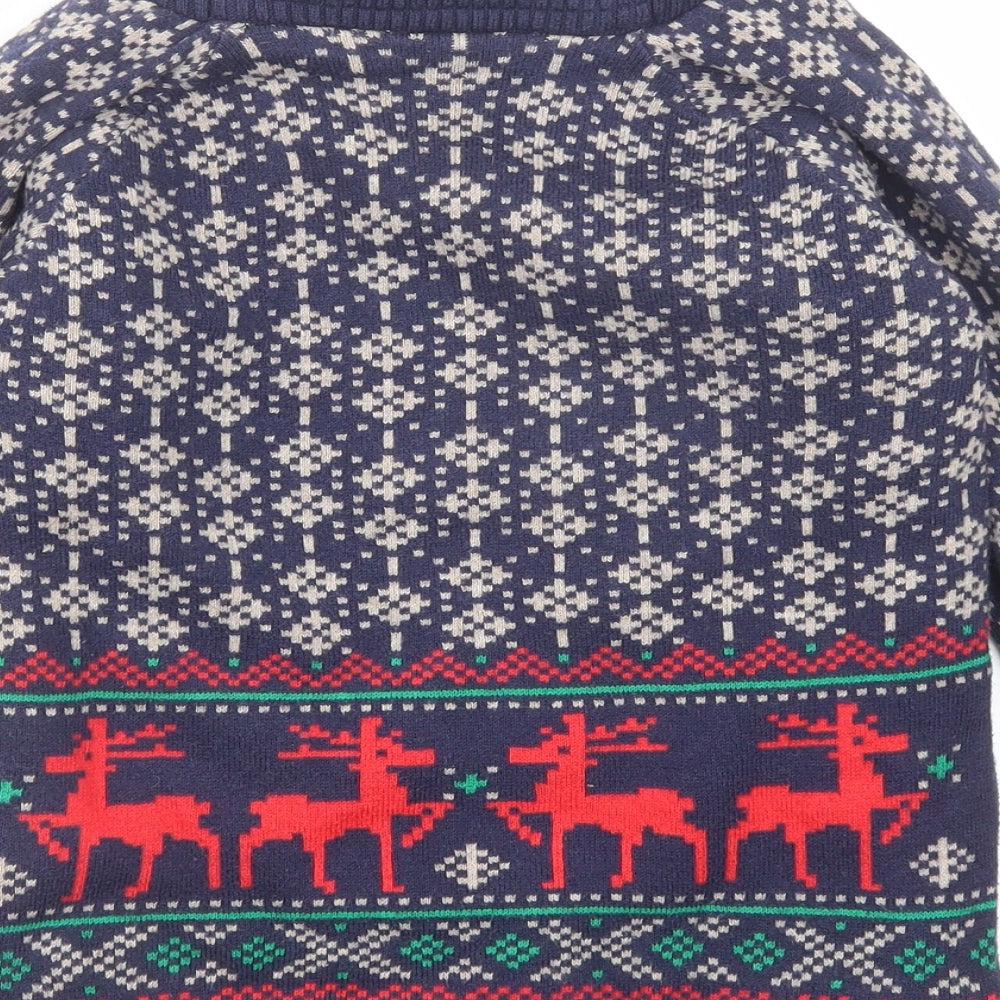 Marks and Spencer Boys Blue High Neck Fair Isle Cotton Cardigan Jumper Size 7-8 Years Button - Reindeer Christmas