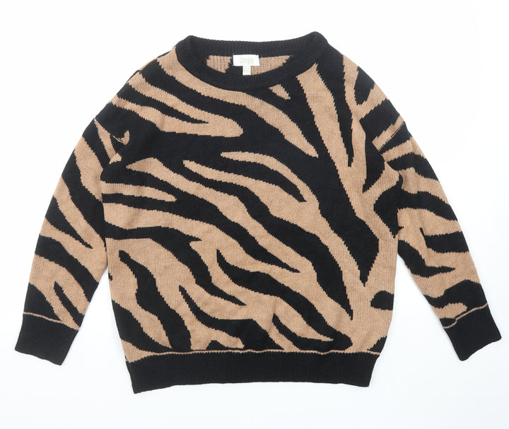 Stella Morgan Womens Beige Round Neck Animal Print Acrylic Pullover Jumper Size 8 - Tiger Pattern