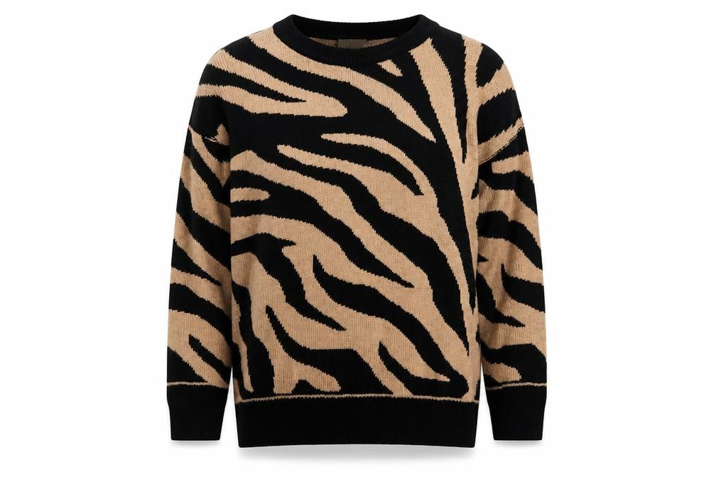 Stella Morgan Womens Beige Round Neck Animal Print Acrylic Pullover Jumper Size 8 - Tiger Pattern