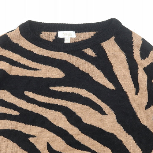 Stella Morgan Womens Beige Round Neck Animal Print Acrylic Pullover Jumper Size 8 - Tiger Pattern