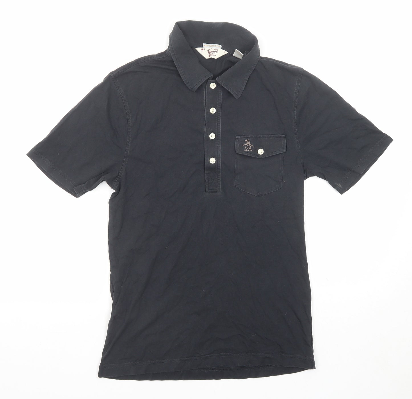 Penguin Mens Black Cotton Polo Size S Collared Button
