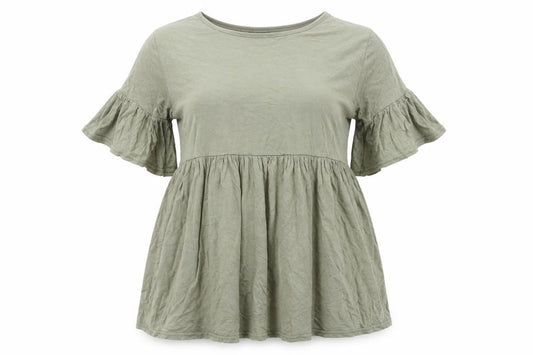 Front view of Boohoo women’s green viscose basic t-shirt, size UK 8, round neck