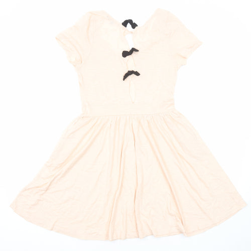 ASOS Womens Pink Cotton Skater Dress Size 10 Round Neck Tie