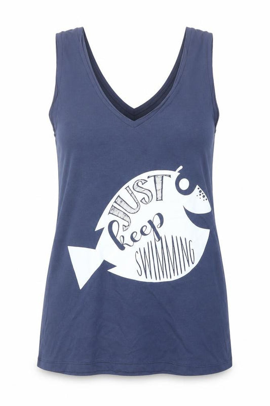 Front view of Disney women’s black viscose basic tank, size S, v-neck - find nemo dory just keep swimming