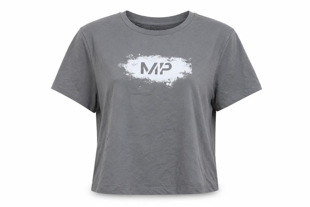 Front view of Myprotein women’s grey cotton basic t-shirt, size M, round neck