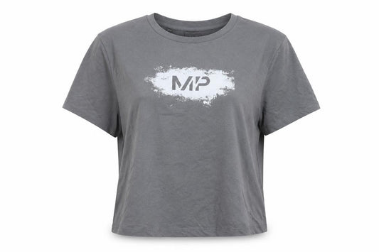 Front view of Myprotein women’s grey cotton basic t-shirt, size M, round neck