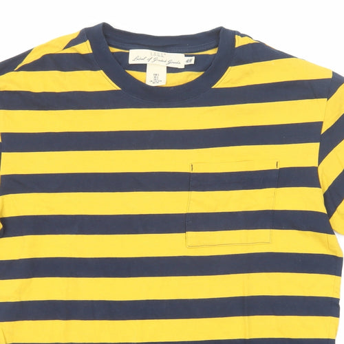 H&M Mens Yellow Striped Cotton T-Shirt Size S Round Neck