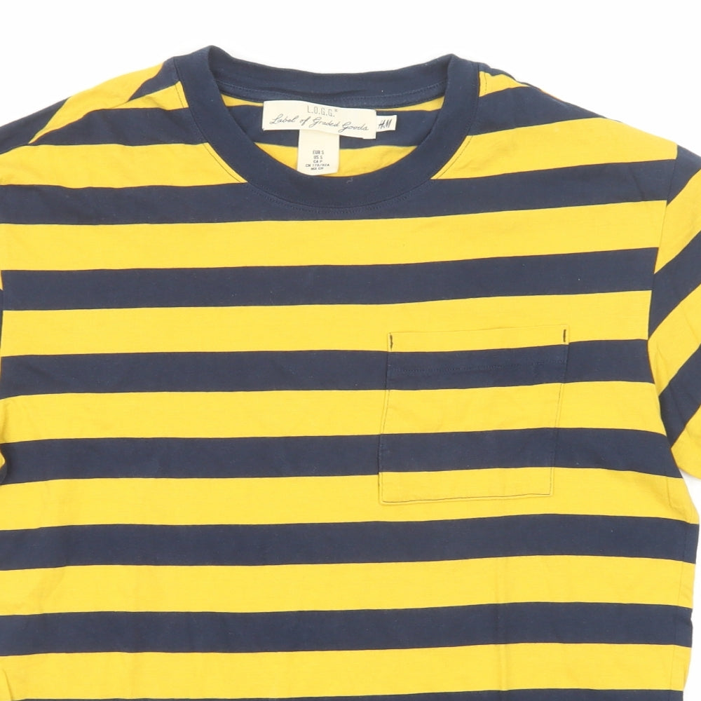 H&M Mens Yellow Striped Cotton T-Shirt Size S Round Neck