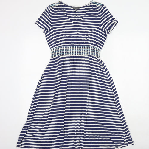 Laura Ashley Womens Blue Striped Viscose Fit & Flare Size 12 V-Neck Pullover