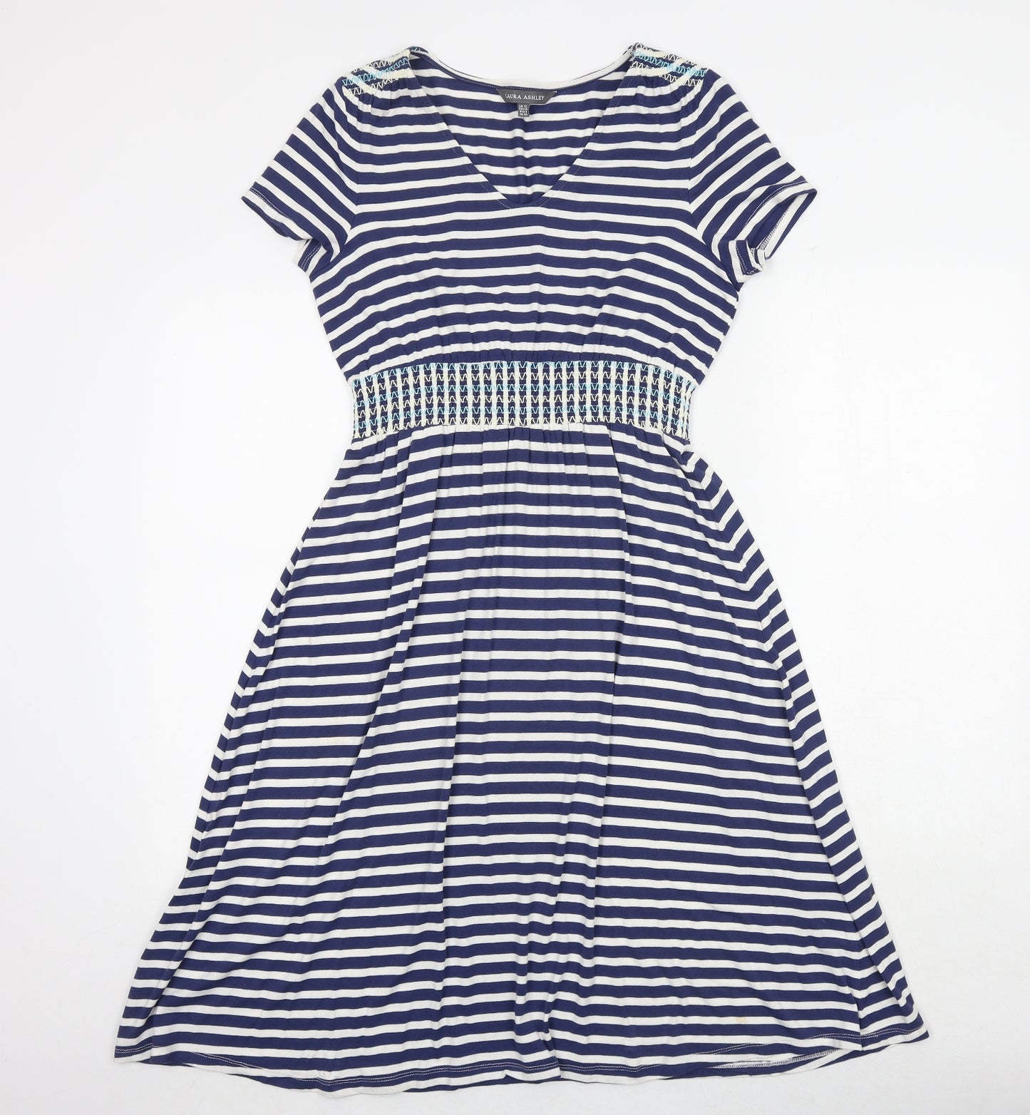 Laura Ashley Womens Blue Striped Viscose Fit & Flare Size 12 V-Neck Pullover