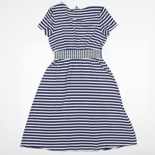 Laura Ashley Womens Blue Striped Viscose Fit & Flare Size 12 V-Neck Pullover