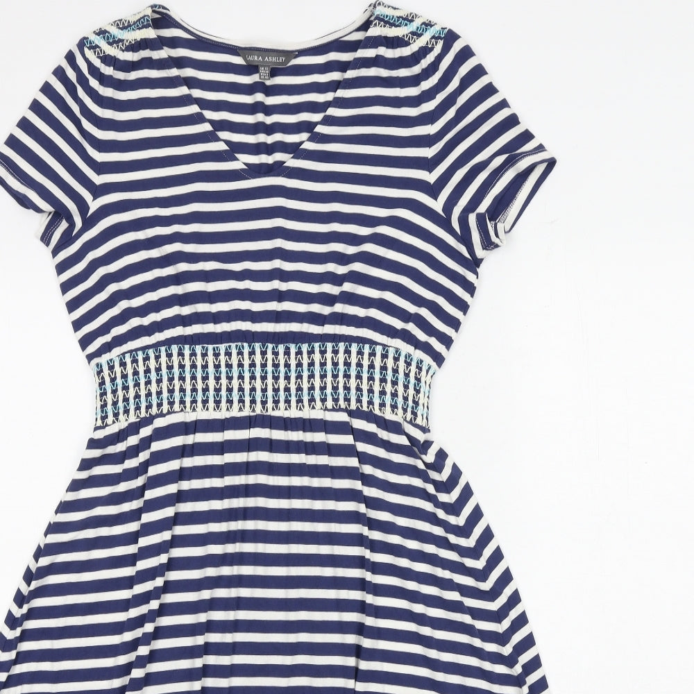 Laura Ashley Womens Blue Striped Viscose Fit & Flare Size 12 V-Neck Pullover
