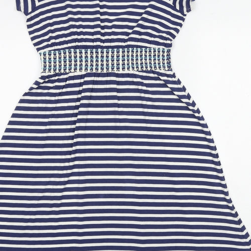 Laura Ashley Womens Blue Striped Viscose Fit & Flare Size 12 V-Neck Pullover