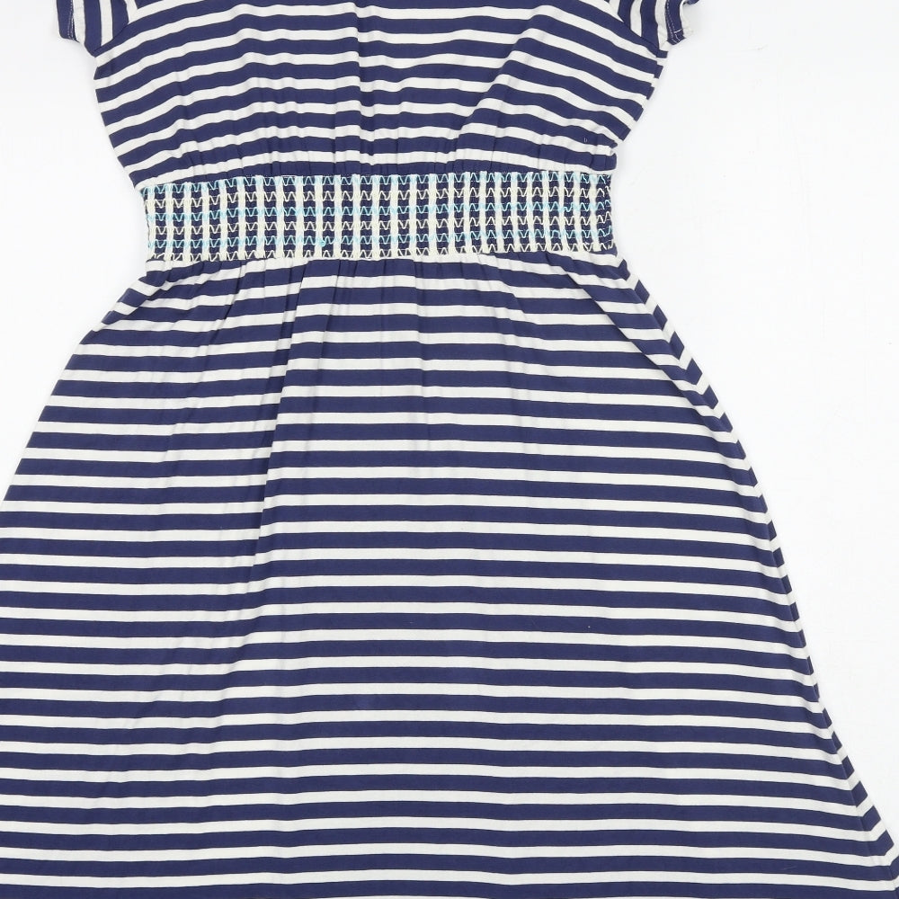 Laura Ashley Womens Blue Striped Viscose Fit & Flare Size 12 V-Neck Pullover