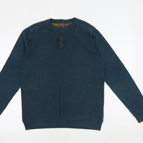 Threadbare Mens Green Round Neck Cotton Henley Jumper Size M Long Sleeve