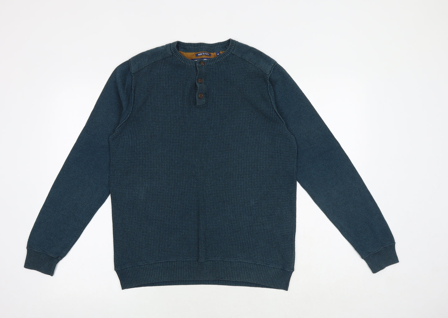 Threadbare Mens Green Round Neck Cotton Henley Jumper Size M Long Sleeve