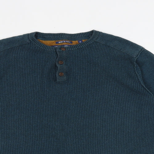 Threadbare Mens Green Round Neck Cotton Henley Jumper Size M Long Sleeve