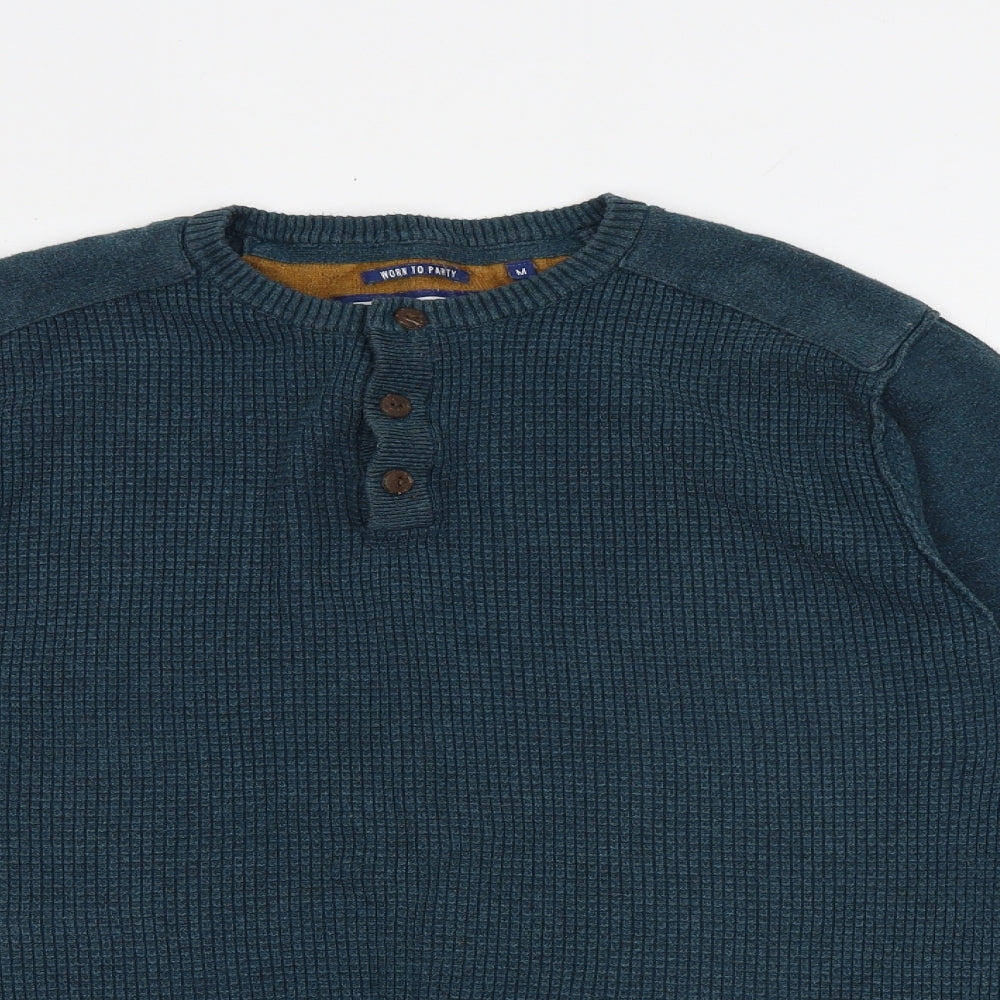 Threadbare Mens Green Round Neck Cotton Henley Jumper Size M Long Sleeve
