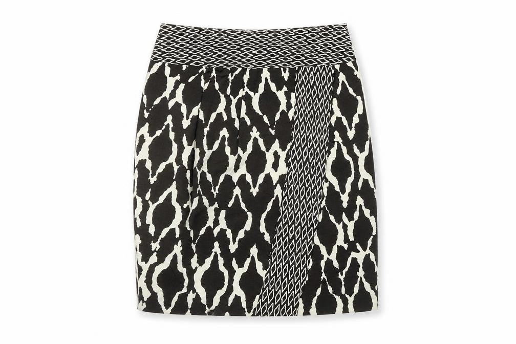 Front view of Marks & Spencer women’s black geometric polyester a-line skirt, size UK 10, zip