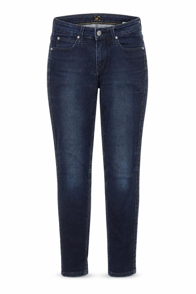 Front view of Lee women’s blue polyester skinny jeans, size UK 30, in regular zip