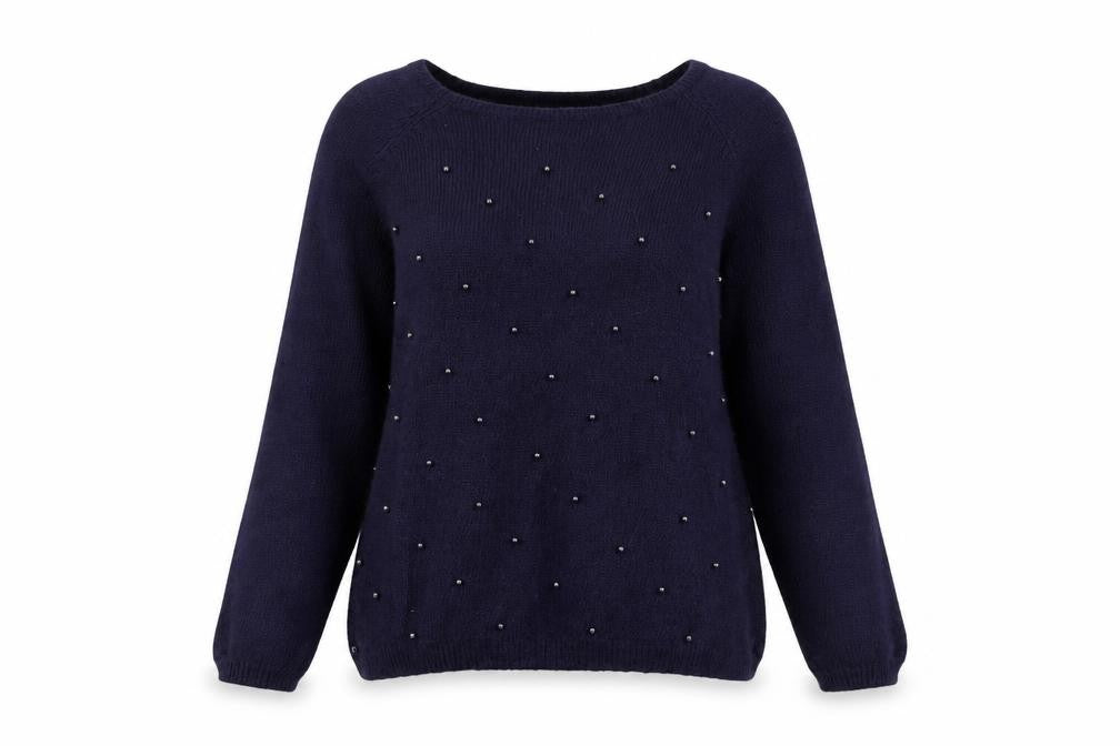 Front view of Marks & Spencer women’s blue boat neck polyamide jumper, size UK 10