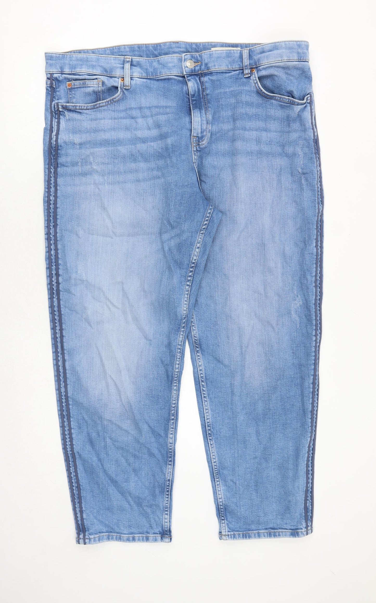 Marks and Spencer Womens Blue Cotton Straight Jeans Size 22 Regular Zip - Side Stripe Detail