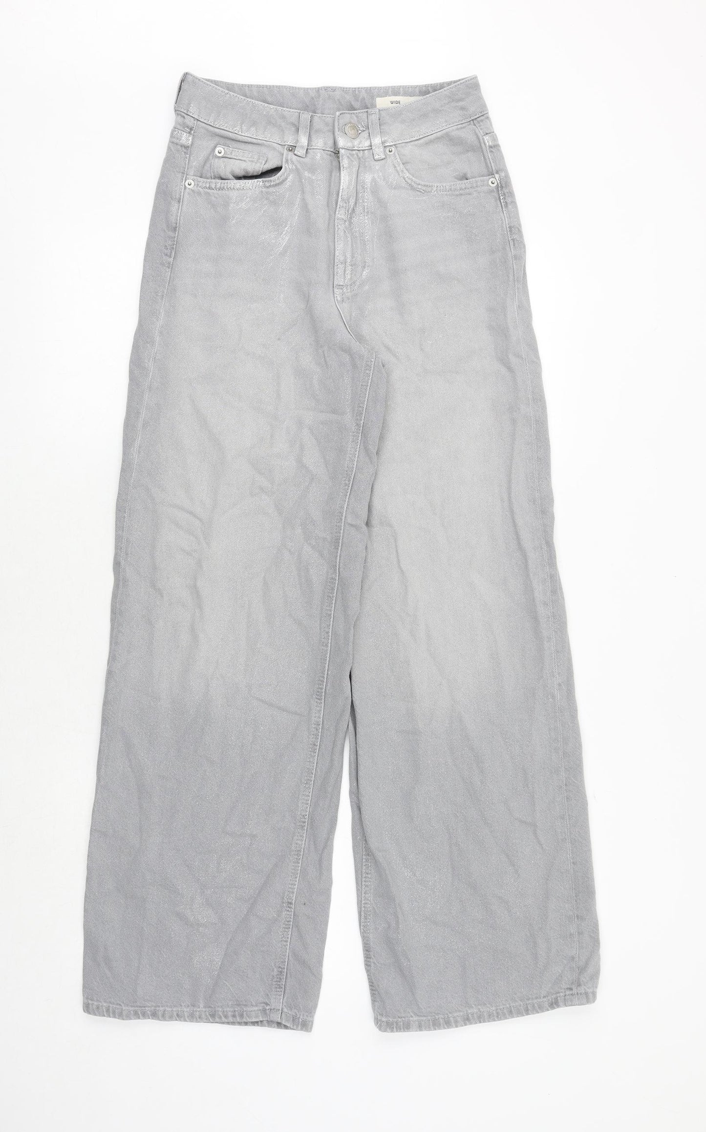 Marks and Spencer Womens Grey Cotton Wide-Leg Jeans Size 8 Regular Zip - Metallic