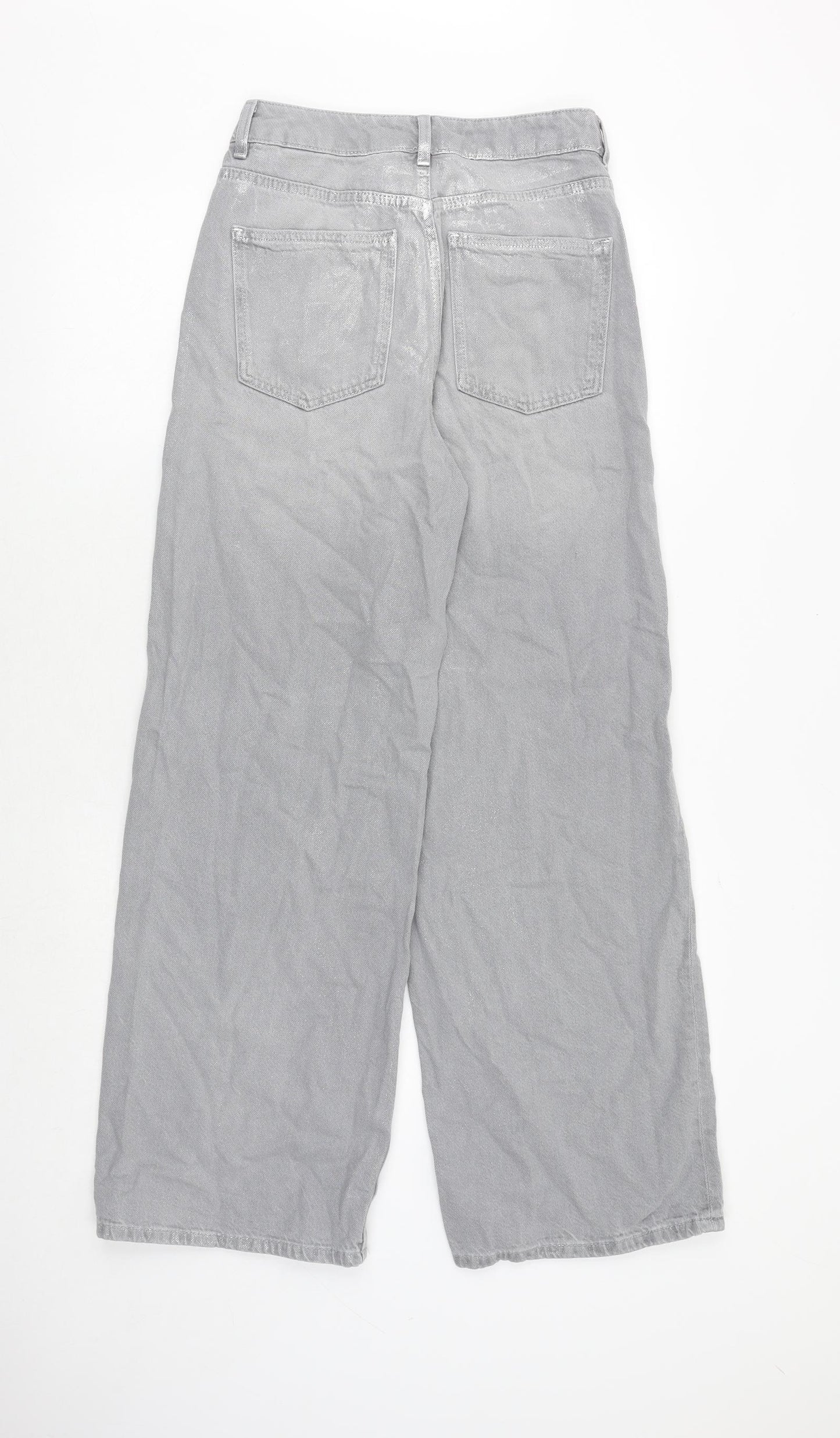Marks and Spencer Womens Grey Cotton Wide-Leg Jeans Size 8 Regular Zip - Metallic