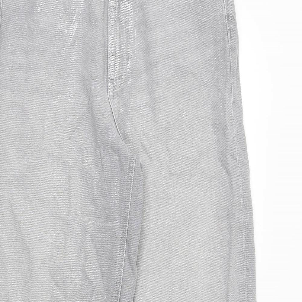 Marks and Spencer Womens Grey Cotton Wide-Leg Jeans Size 8 Regular Zip - Metallic