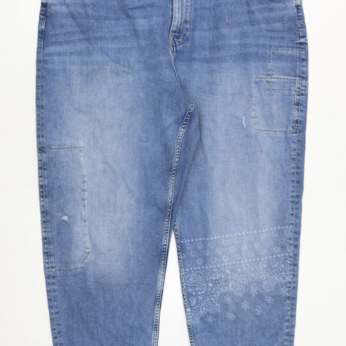 Marks and Spencer Womens Blue Cotton Boyfriend Jeans Size 24 Regular Zip - Paisley Print