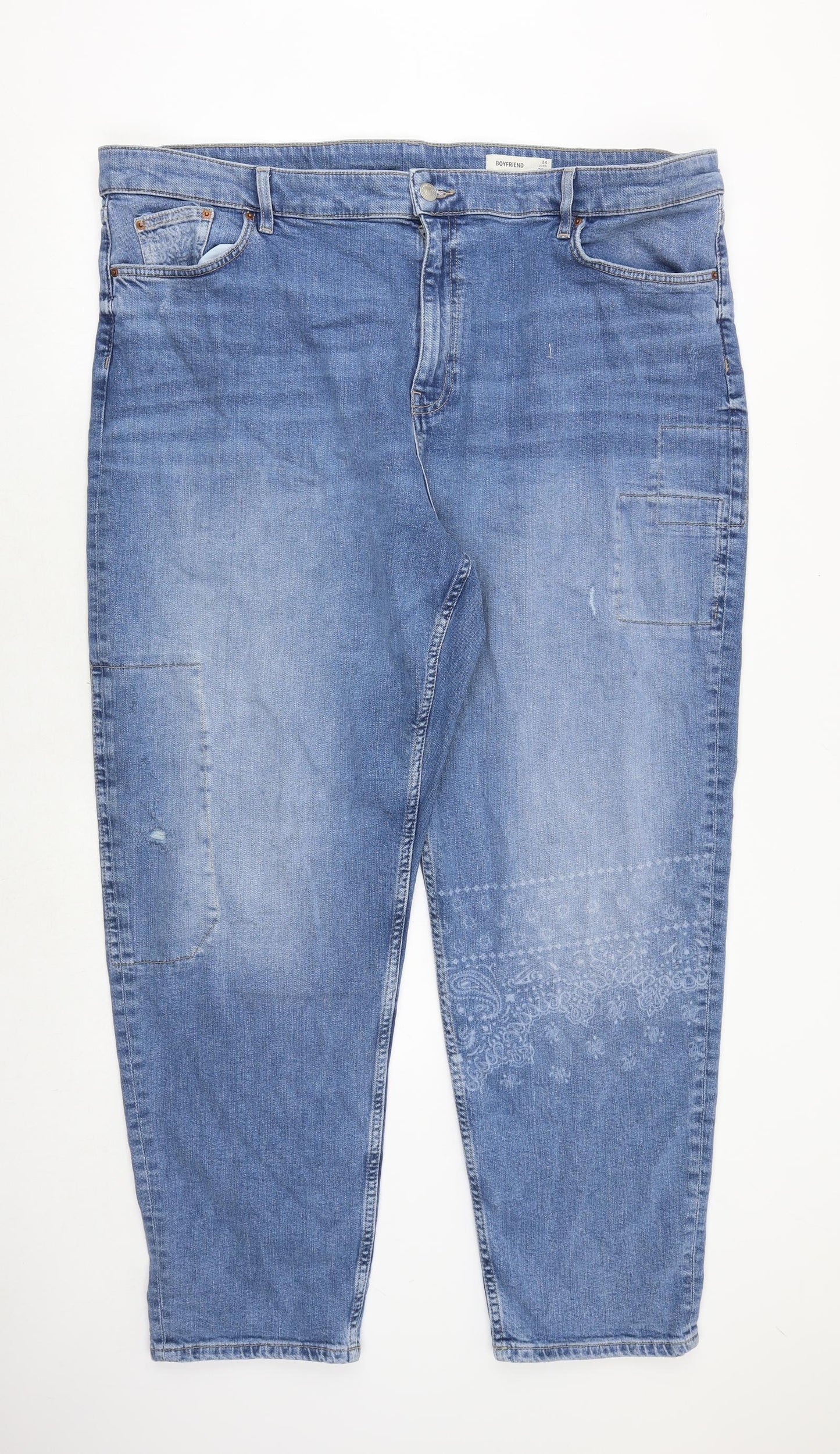 Marks and Spencer Womens Blue Cotton Boyfriend Jeans Size 24 Regular Zip - Paisley Print