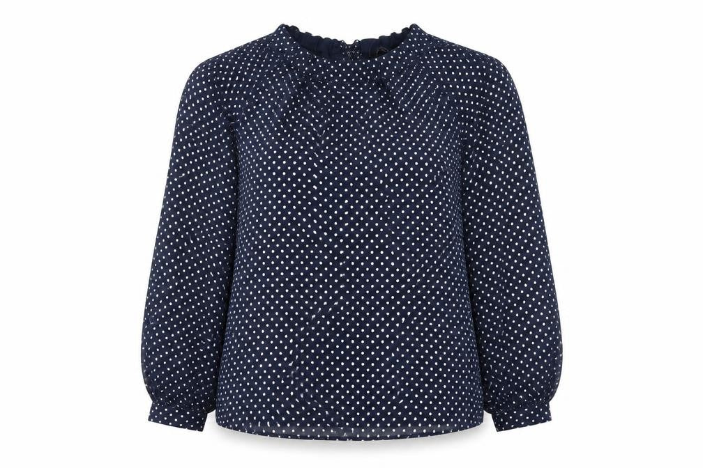 Front view of Marks & Spencer women’s blue polka dot polyester basic blouse, size UK 14, round neck