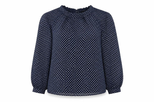 Front view of Marks & Spencer women’s blue polka dot polyester basic blouse, size UK 14, round neck