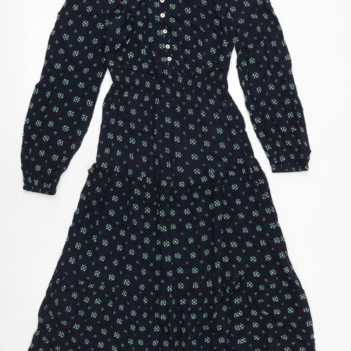 Marks and Spencer Womens Blue Geometric Viscose Fit & Flare Size 6 V-Neck Button - Tiered