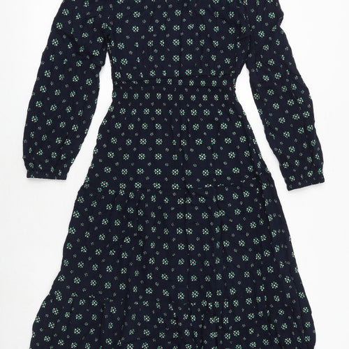 Marks and Spencer Womens Blue Geometric Viscose Fit & Flare Size 6 V-Neck Button - Tiered