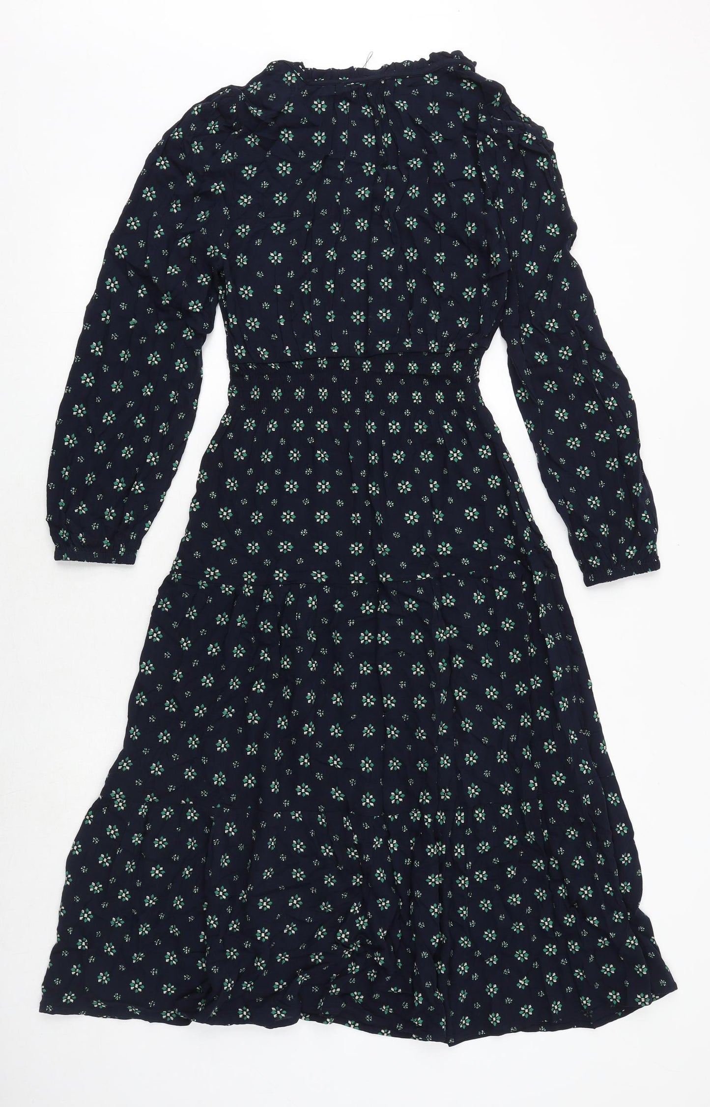 Marks and Spencer Womens Blue Geometric Viscose Fit & Flare Size 6 V-Neck Button - Tiered