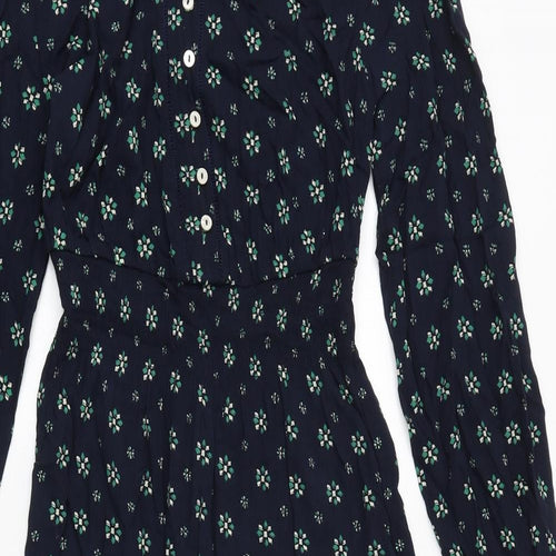Marks and Spencer Womens Blue Geometric Viscose Fit & Flare Size 6 V-Neck Button - Tiered