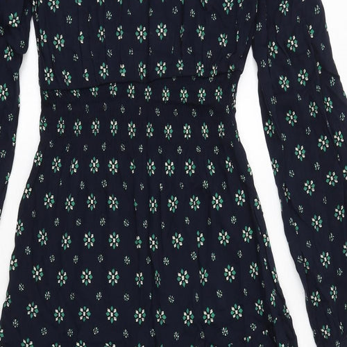 Marks and Spencer Womens Blue Geometric Viscose Fit & Flare Size 6 V-Neck Button - Tiered