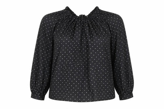 Front view of Marks & Spencer women’s black geometric polyester basic blouse, size UK 10, round neck