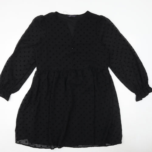 Marks and Spencer Womens Black Polka Dot Polyester Trapeze & Swing Size 12 V-Neck Button