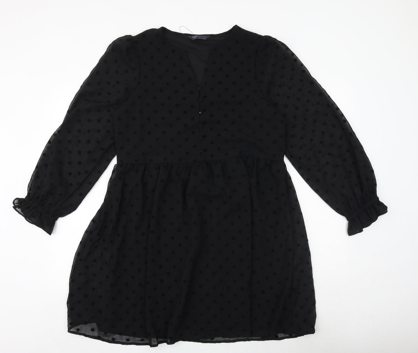 Marks and Spencer Womens Black Polka Dot Polyester Trapeze & Swing Size 12 V-Neck Button
