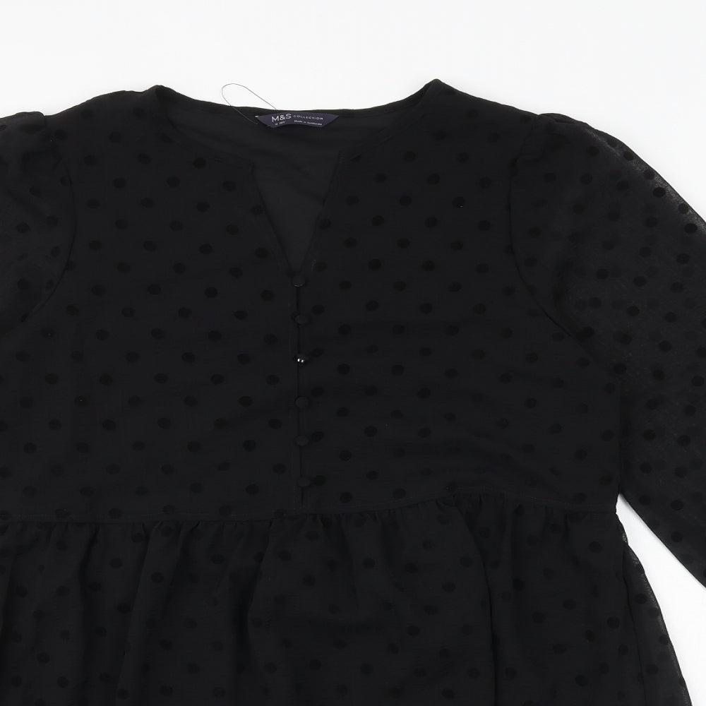 Marks and Spencer Womens Black Polka Dot Polyester Trapeze & Swing Size 12 V-Neck Button