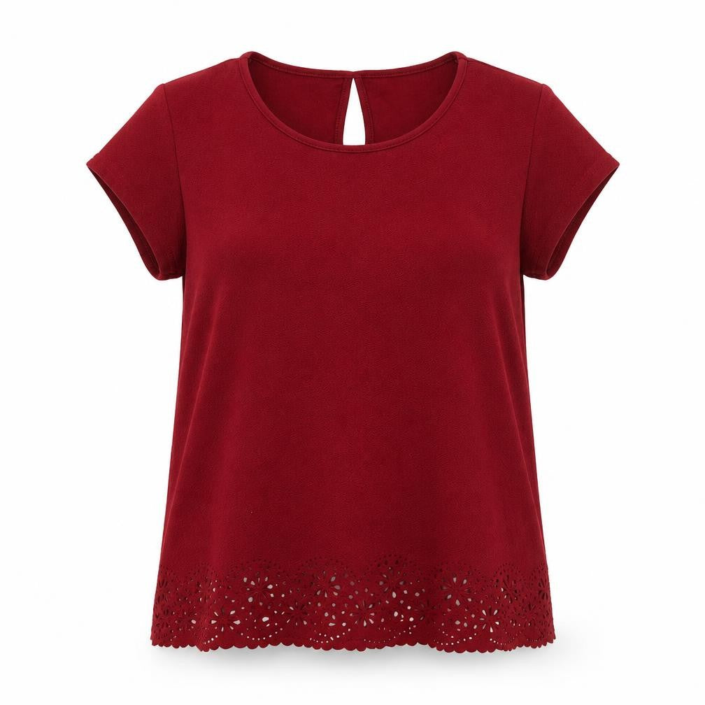 Front view of Original women’s red polyester basic t-shirt, size UK 14, round neck