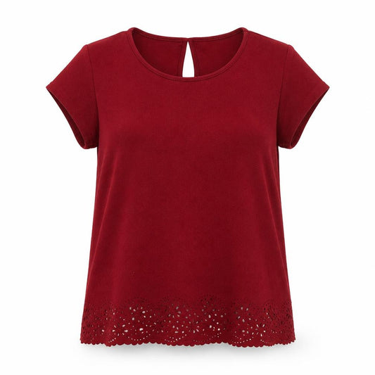 Front view of Original women’s red polyester basic t-shirt, size UK 14, round neck